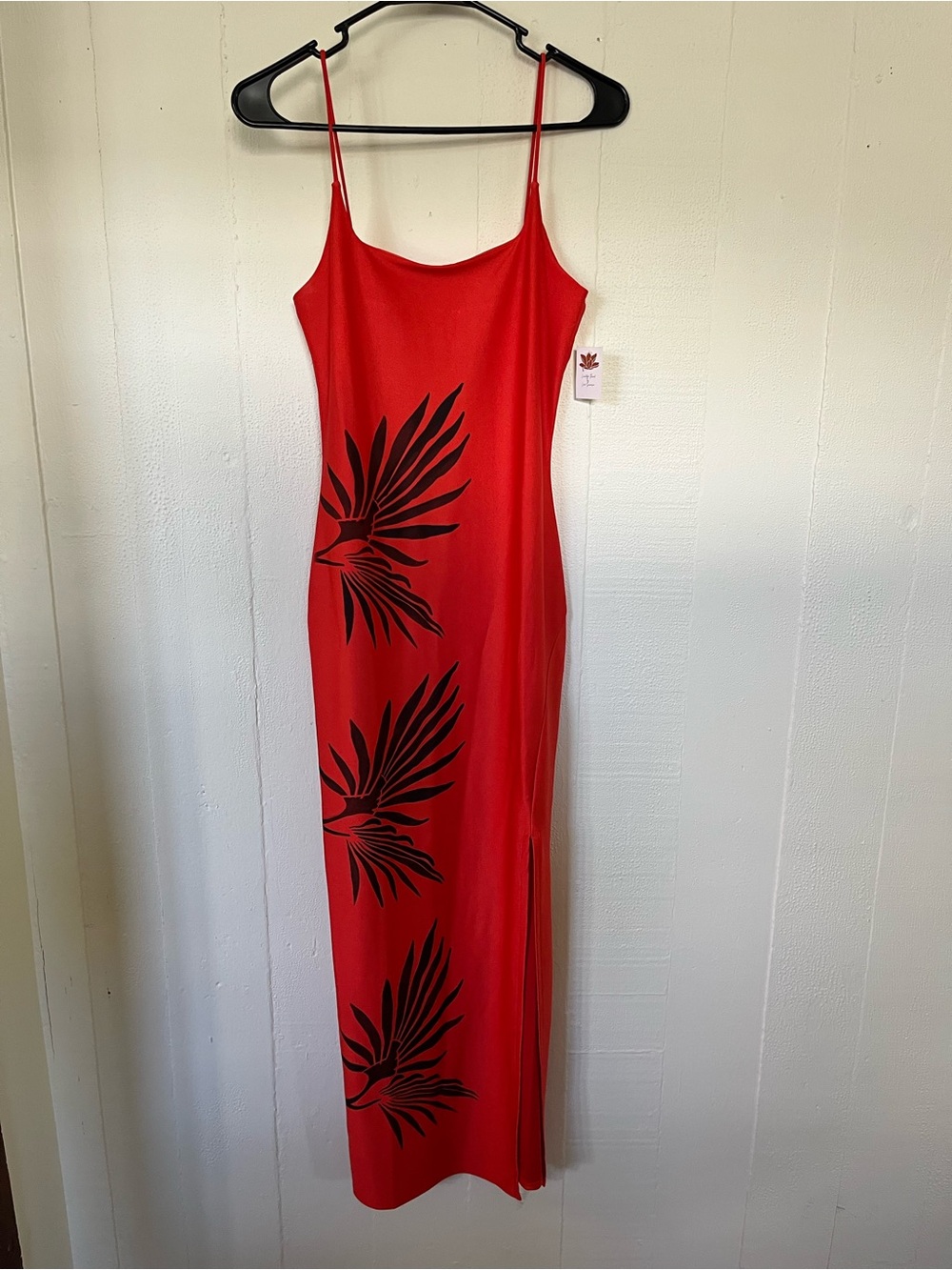 Red Floral Maxi Slip Dress with Hand-stamped Black Leaf Print and slit